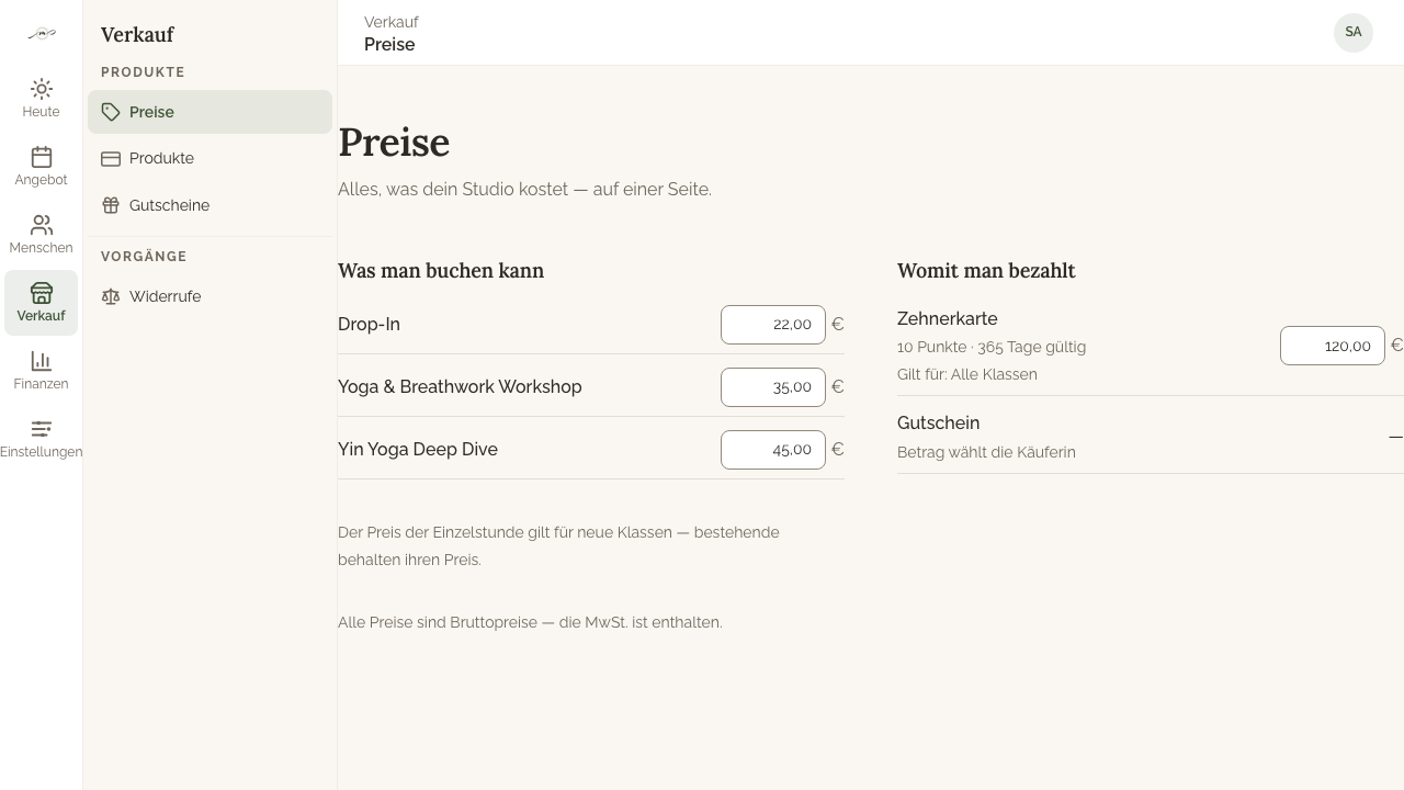 Öffne Verkauf › Preise. Hier steht alles, was dein Studio kostet, auf einer Seite.