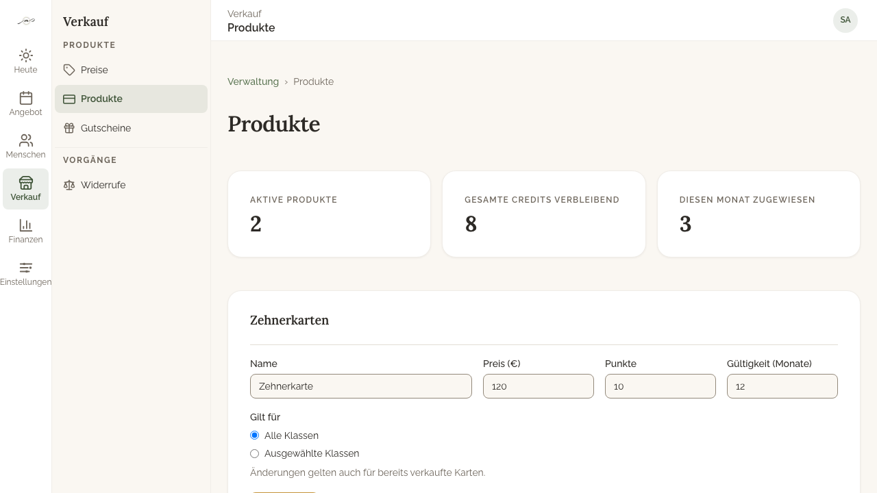 Wechsle zu Verkauf › Produkte. Dort findest du den Block „Preis für Einzelstunden“.