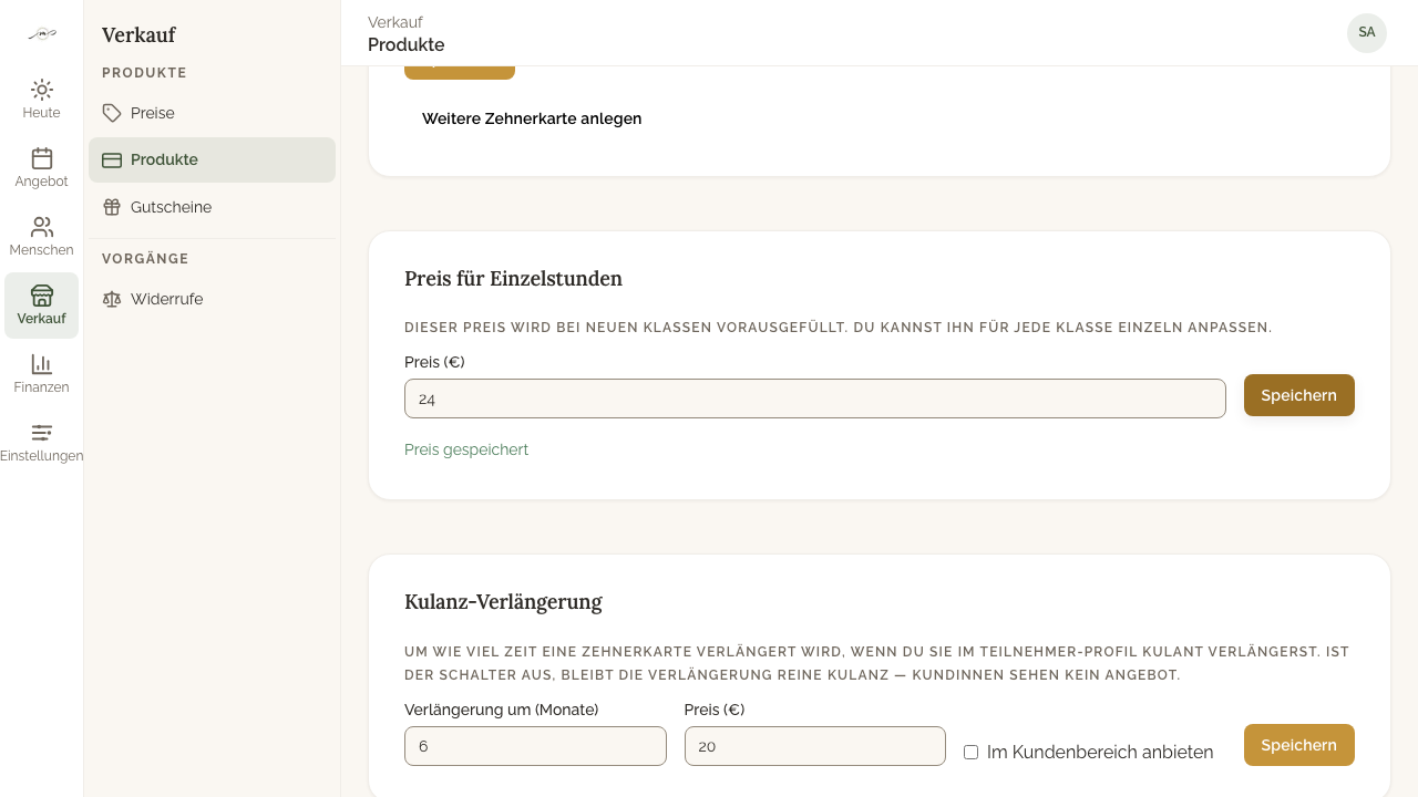 Klicke auf Preis anlegen. Hat dein Studio schon einen Preis, heißt der Button Speichern. Neue Klassen starten ab jetzt mit diesem Preis.